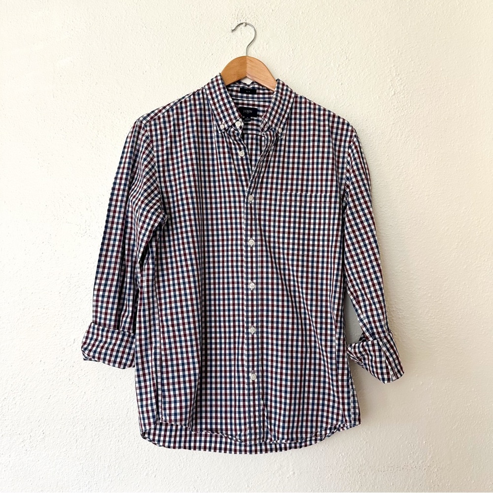 J.Crew Mens Slim Fit Maroon & Navy Blue Gingham Long Sleeve Button Down Shirt